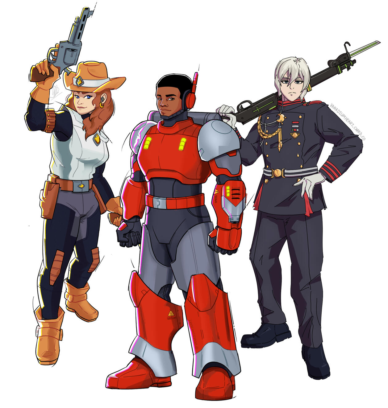 A couple full body pieces I did in 2025. From left to right, Kacey Baker aka Surefire (OC), Andrew Brown aka Exo-Knight (OC), Shinya Hiragi (Request)