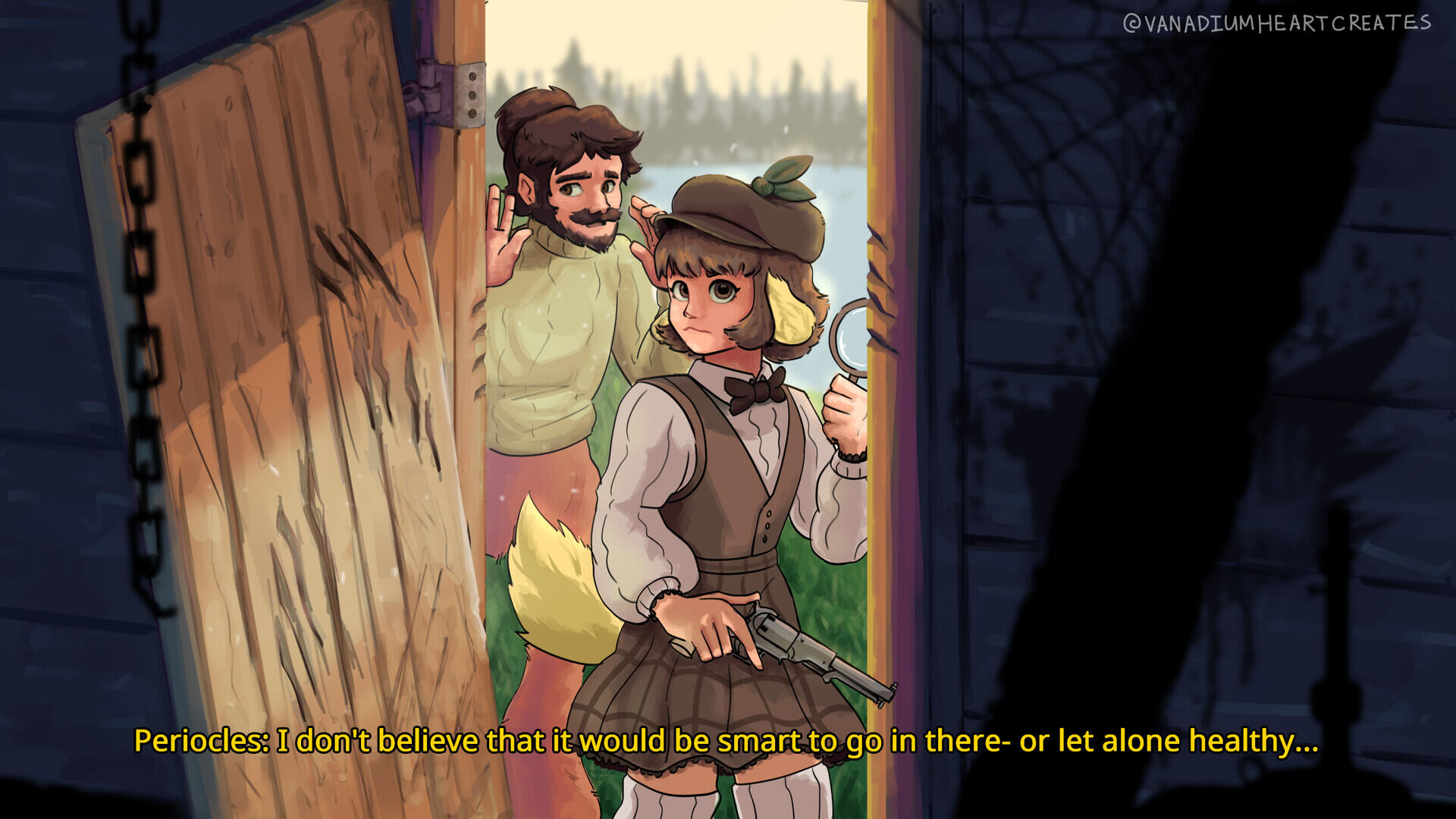 Drew this as my part in an art game. Characters are (from left to right) Periocles and Butterscotch. Both are owned by @BuffedDoggo on Discord.